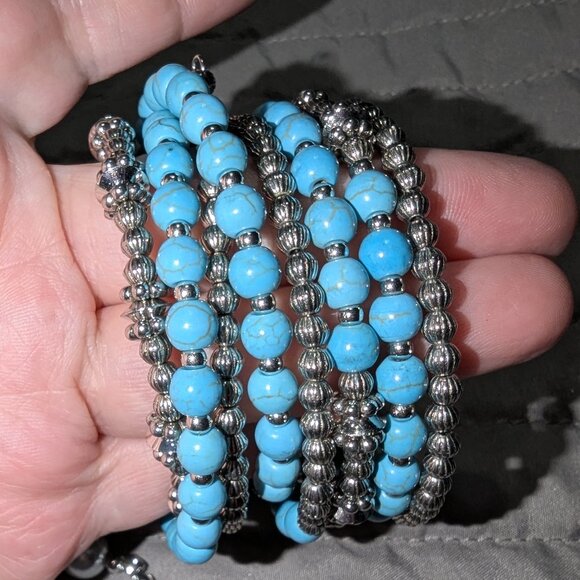 $1 with Bundle ~ Turquoise & Pearl Beaded Coil Bracelet Set 5198 - Picture 3 of 5